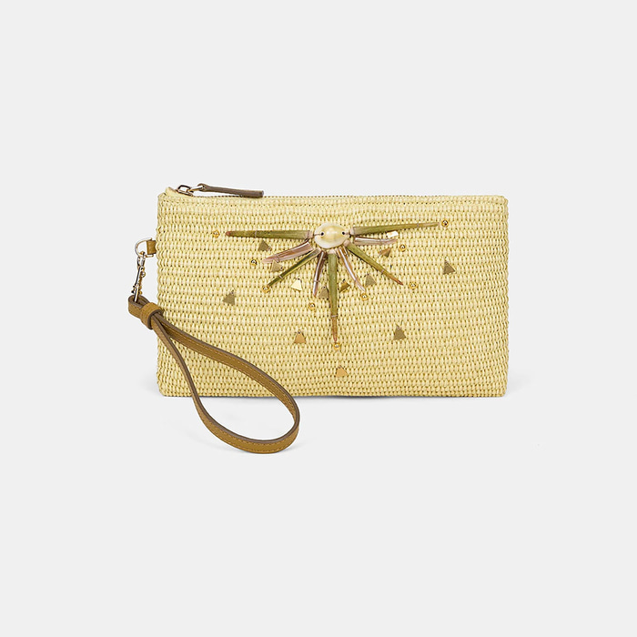 Kadın Sarı Güneş Motifli Hasır Clutch