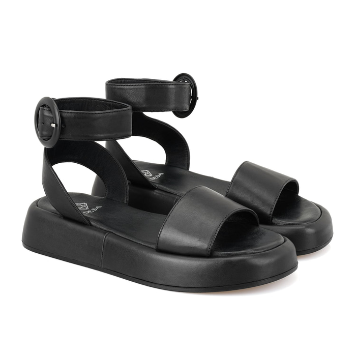 Kadın Siyah Ayarlanabilir Tokalı Deri Sandalet