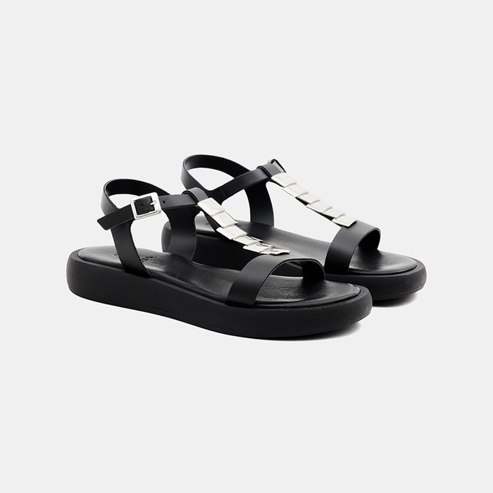 Kadın Siyah Ayarlanabilir Tokalı Kalın Tabanlı Deri Sandalet