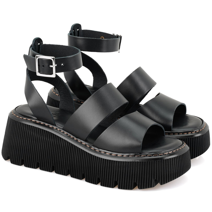 Kadın Siyah Dolgu Tabanlı Deri Sandalet