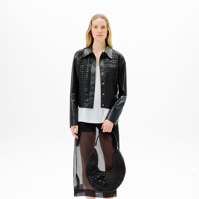 Kadın Siyah Gömlek Yaka Örmeli Deri Ceket