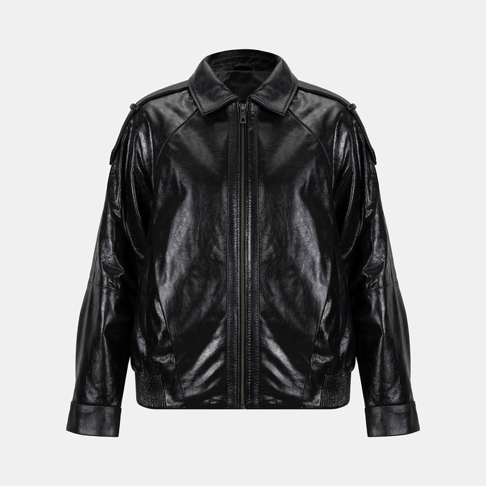 Kadın Siyah Gömlek Yakalı Deri Bomber Ceket