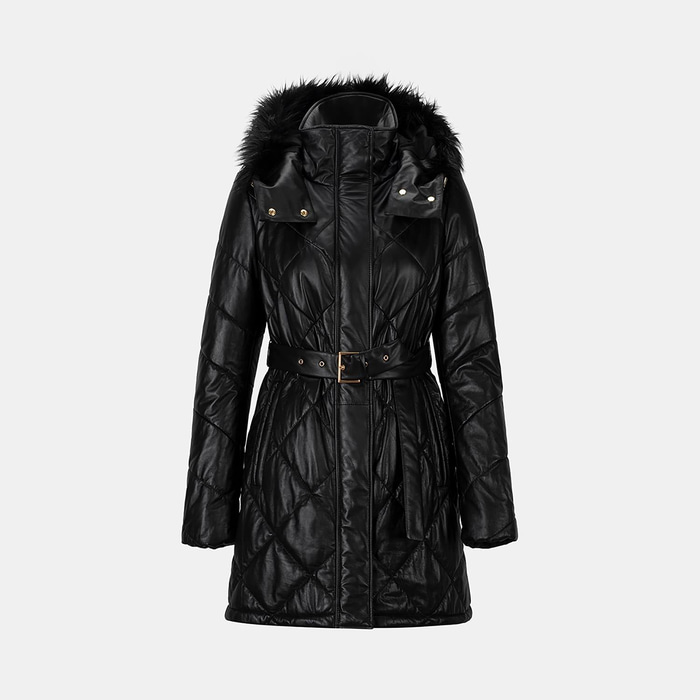 Kadın Siyah Hakim Yakalı Kapüşonlu Deri Mont