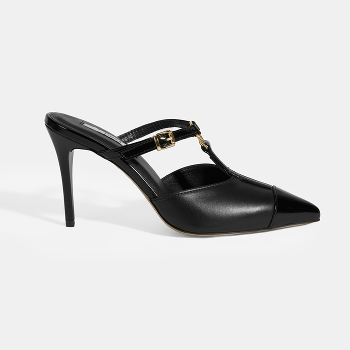 Kadın Siyah Halka Aksesuarlı Deri Abiye Topuklu Terlik