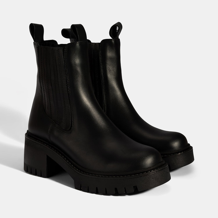 Kadın Siyah Lastikli Topuklu Deri Chelsea Bot