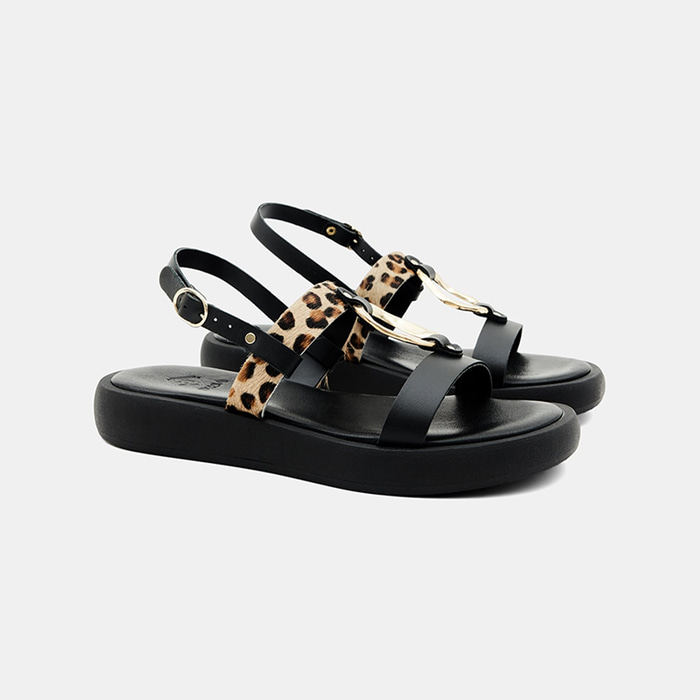 Kadın Siyah Leopar Desenli Tokalı Deri Sandalet