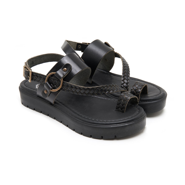 Kadın Siyah Örgü Baskılı Deri Sandalet