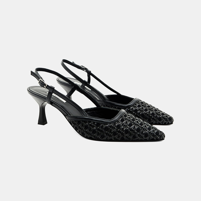 Kadın Siyah Sivri Burunlu Slingback Deri Topuklu Ayakkabı