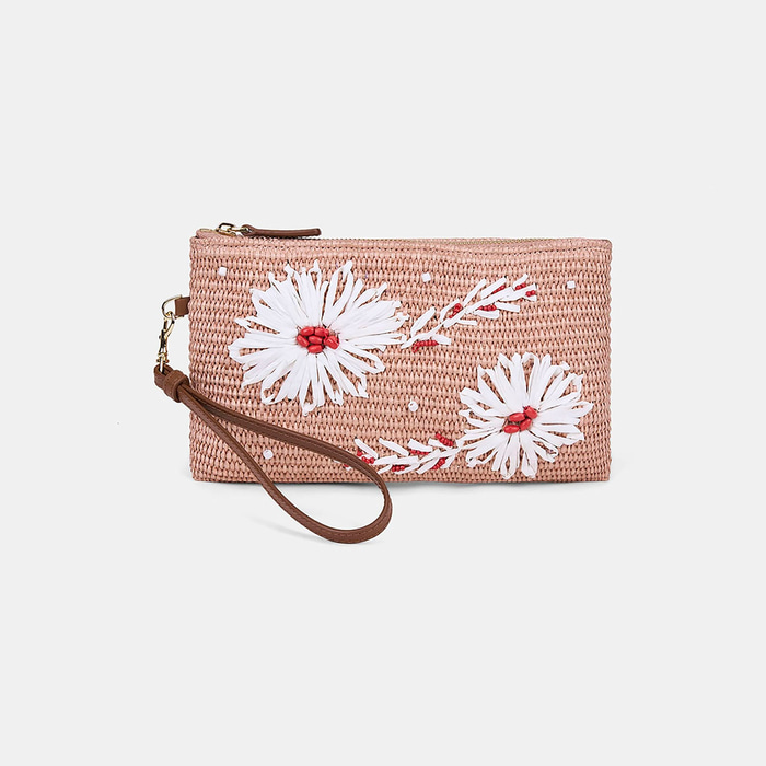 Kadın Somon Çiçek Motifli Boncuklu Hasır Clutch