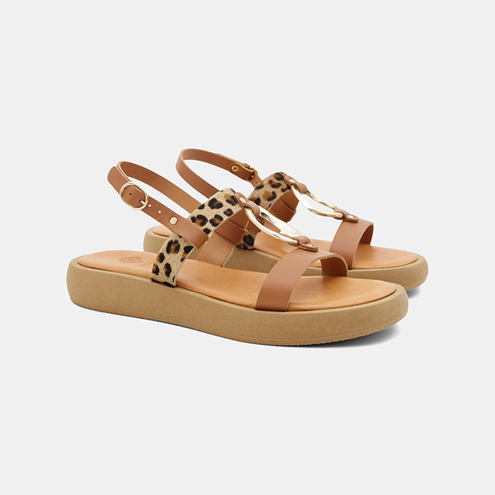 Kadın Taba Leopar Desenli Tokalı Deri Sandalet