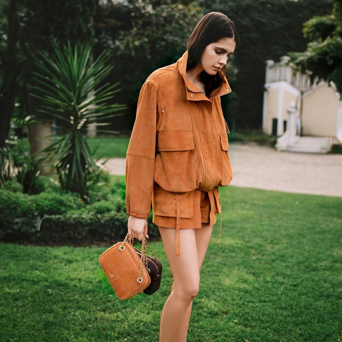 Kadın Turuncu Dik Yaka Süet Bomber Ceket