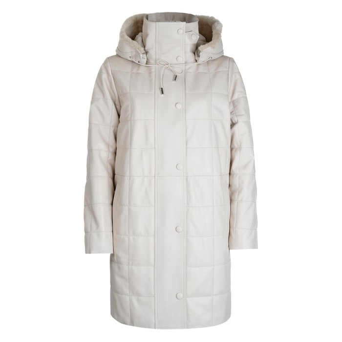 Mita Krem Kadın Kapüşonlu Deri Puffer Kaban