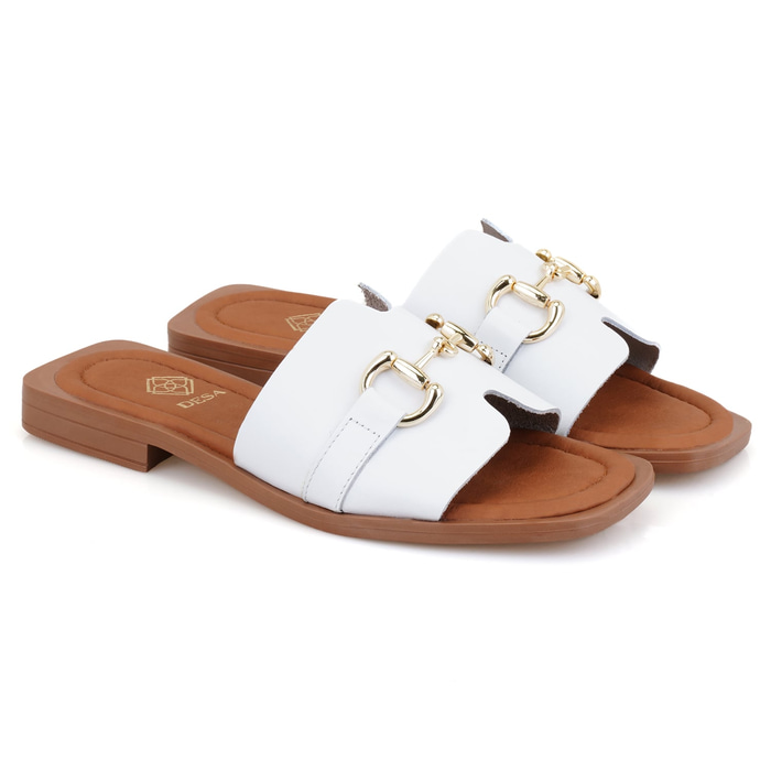 Riana Beyaz Kadın Toka Aksesuarlı Deri Terlik