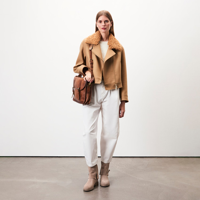 Rigella Kahve Yakası Kürklü Kadın Biker Ceket