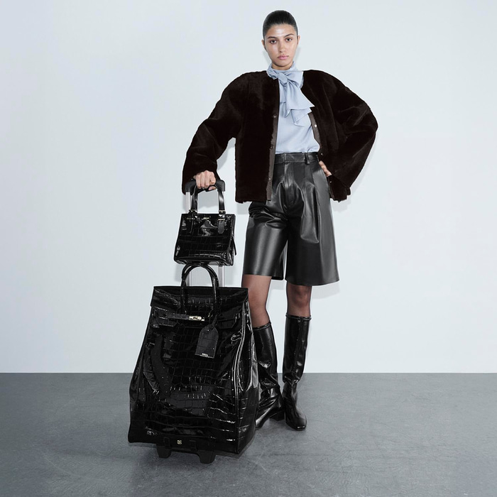 Siyah Kroko Baskılı Rugan Deri Kabin Valiz