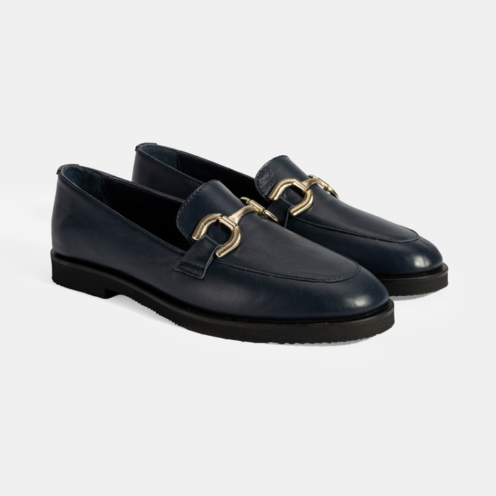 XXX Kadın Lacivert Metal Toka Aksesuarlı Deri Loafer