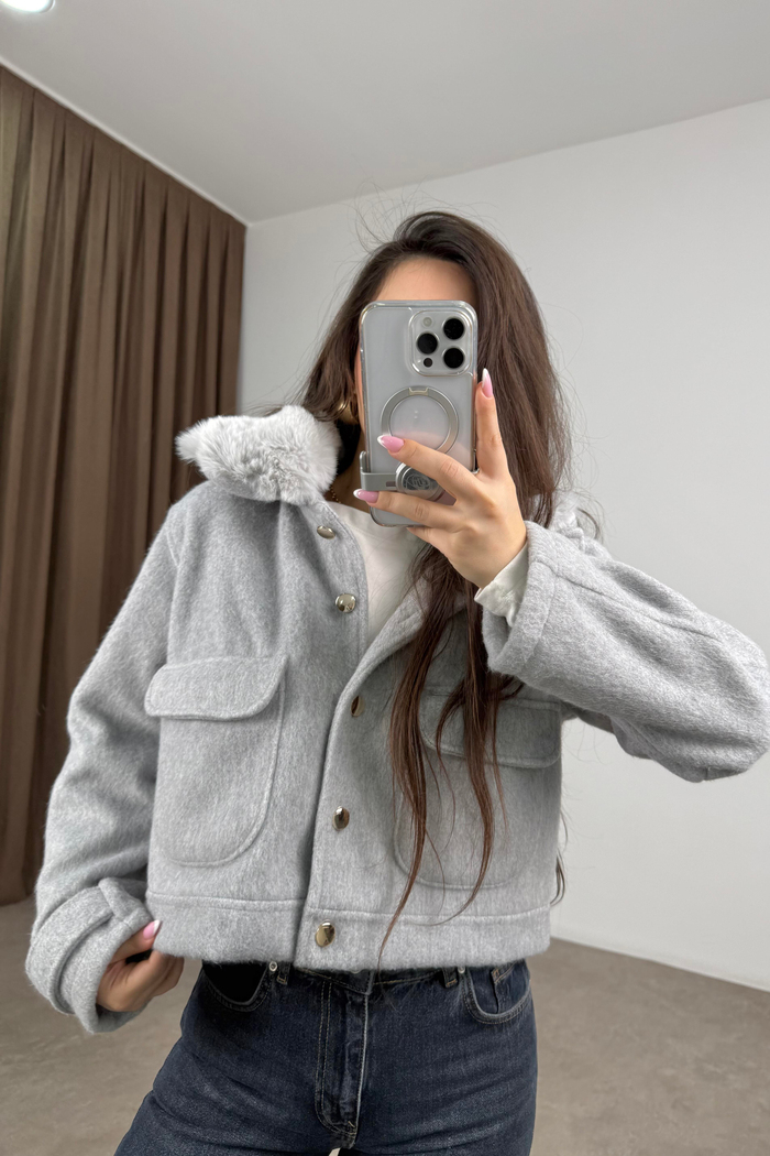 Ayriss Yakası Kürklü Kaşe Gri Ceket