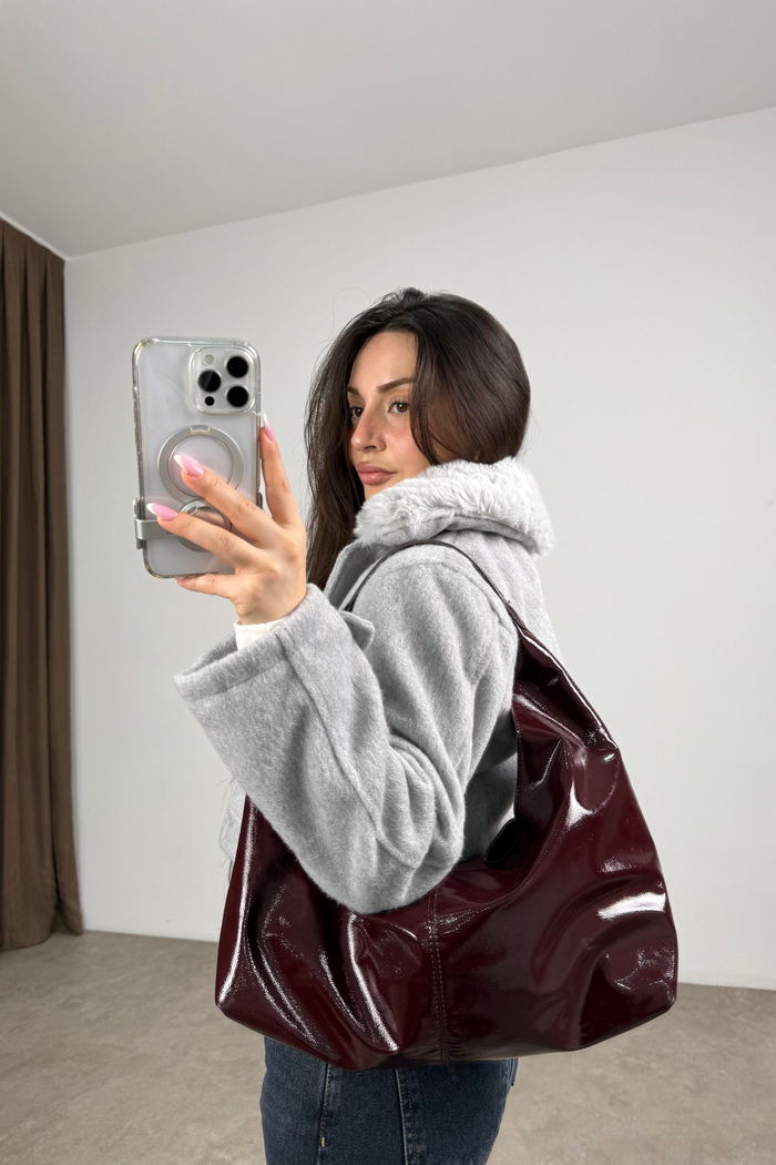 Ayriss Yakası Kürklü Kaşe Gri Ceket