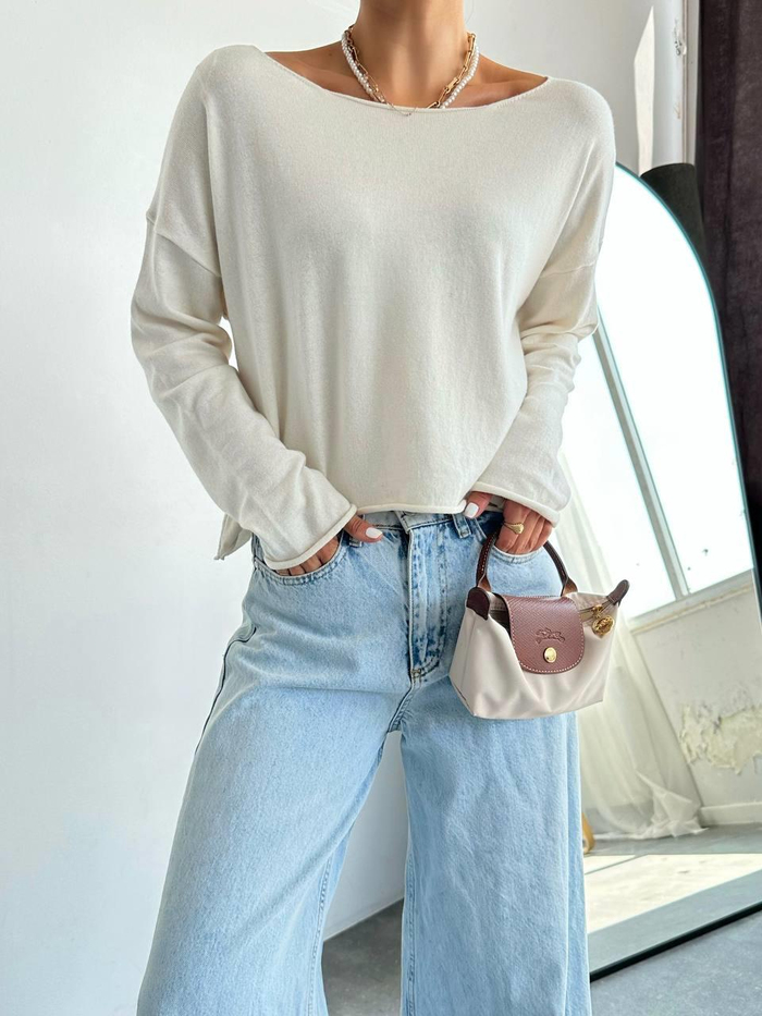 Basic Ekru Düz Yaka Triko