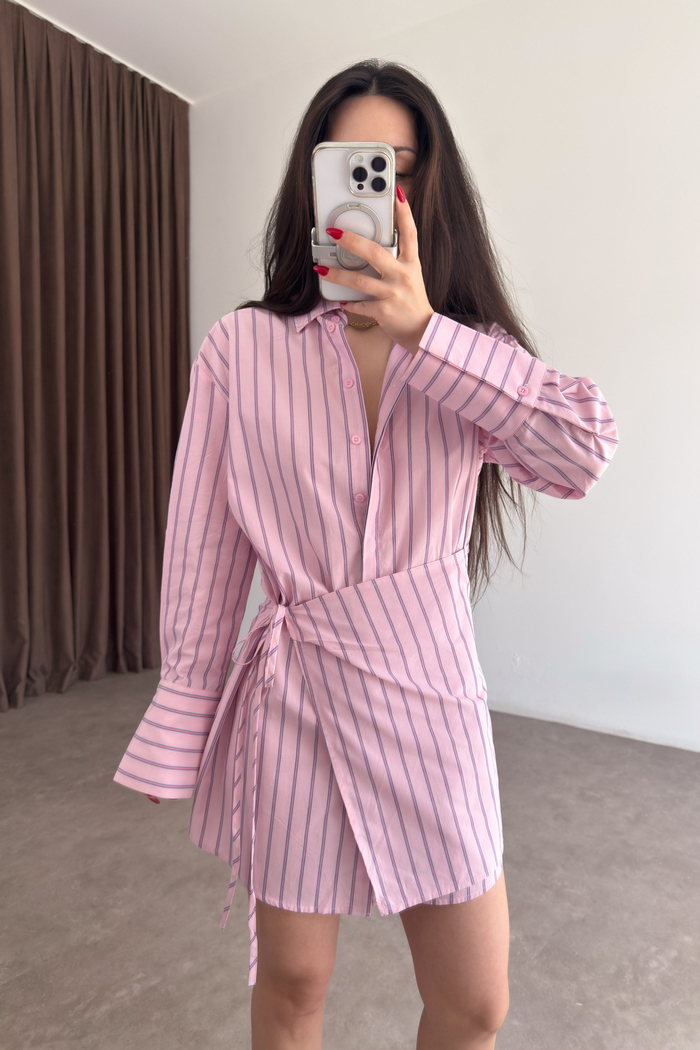 Çizgili Pembe Bağlamalı Gömlek Elbise