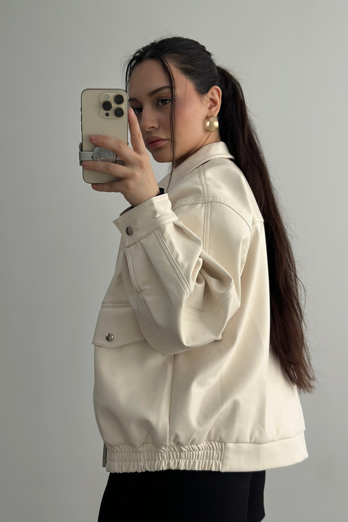 Deri Bomber Ceket Ekru