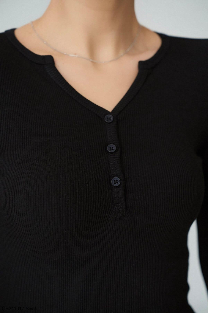 Düğmeli Bisiklet Yaka Siyah Basic