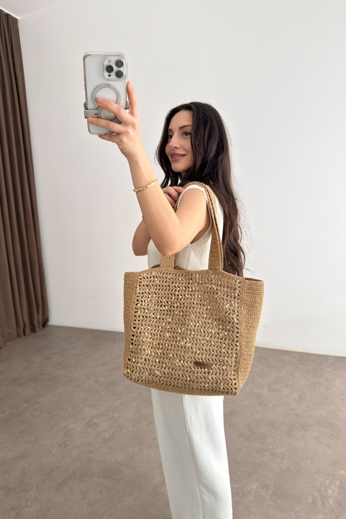 El Örgüsü Hasır Örgü Pullu Çanta