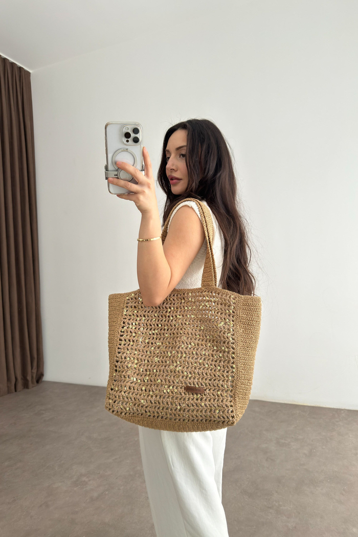 El Örgüsü Hasır Örgü Pullu Çanta