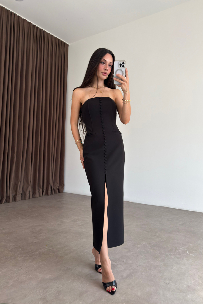 Elora Düğme Detaylı Straplez Midi Siyah Elbise