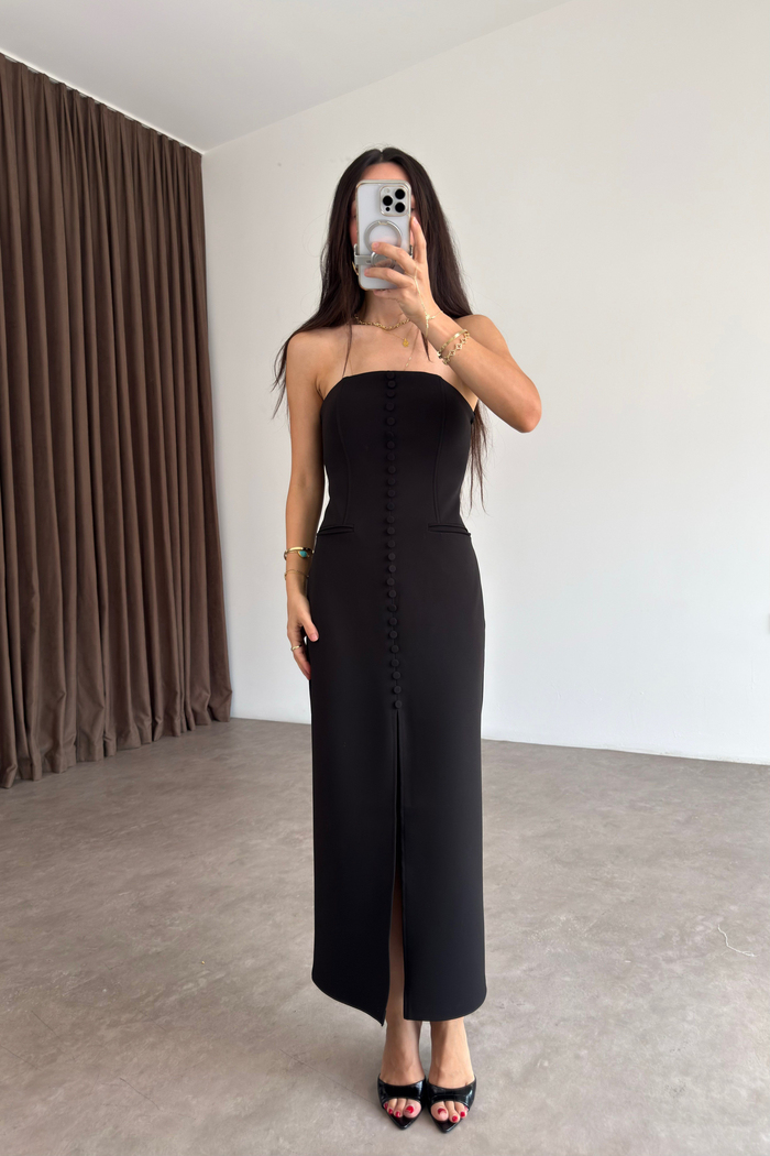 Elora Düğme Detaylı Straplez Midi Siyah Elbise