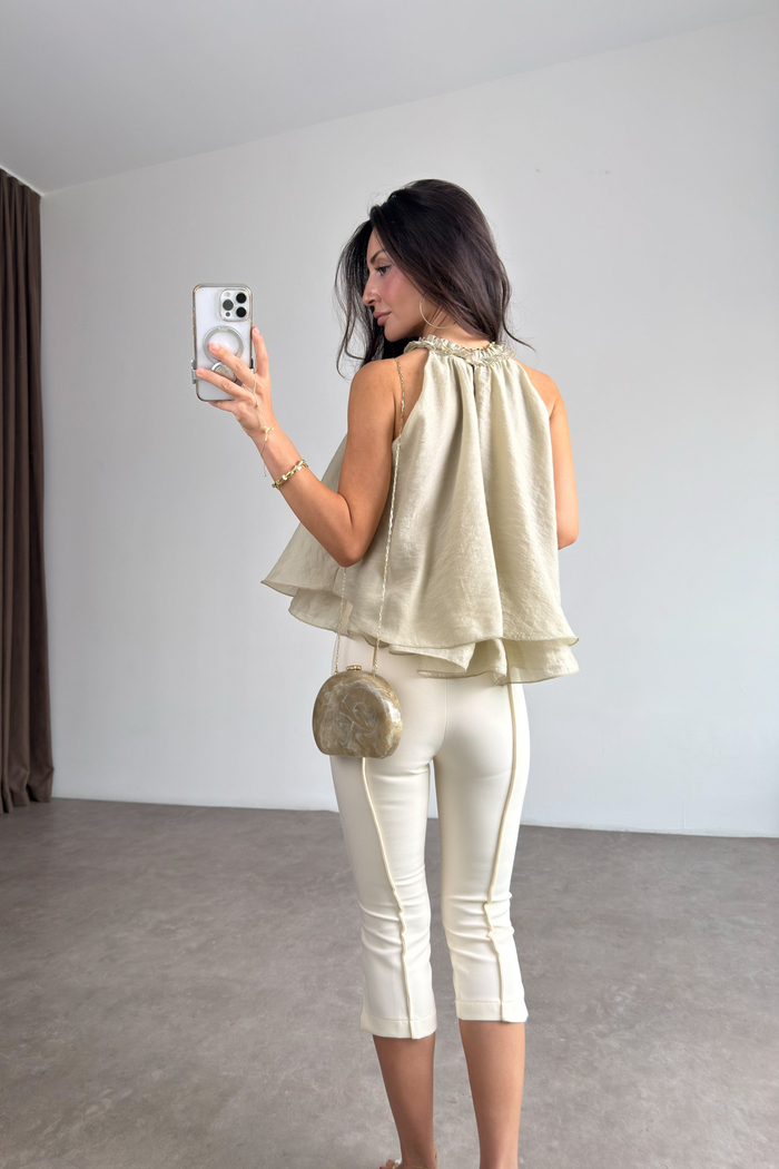 Flatolu Yırtmaçlı Ekru Krep Pantolon