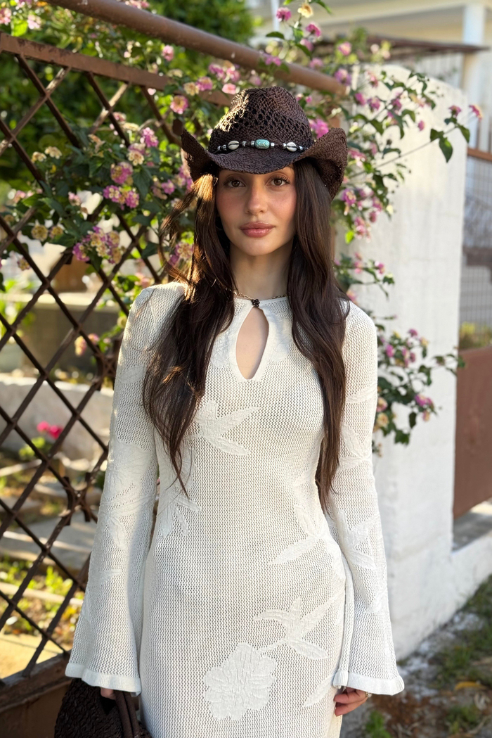 Flora Çiçek Desenli Pencereli Ekru Elbise
