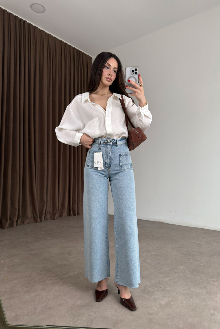 Kare Cepli Straight Bilek Boy Buz Mavi Jean