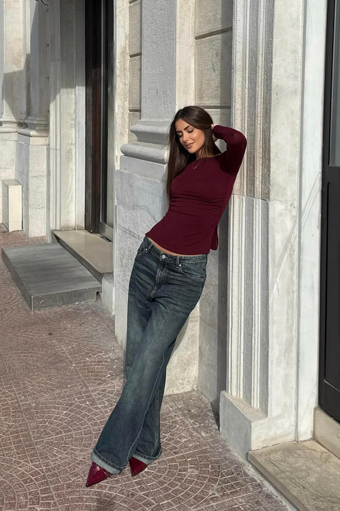 Kaşmir Pamuk Yırtmaçlı Drapeli Basic Bordo