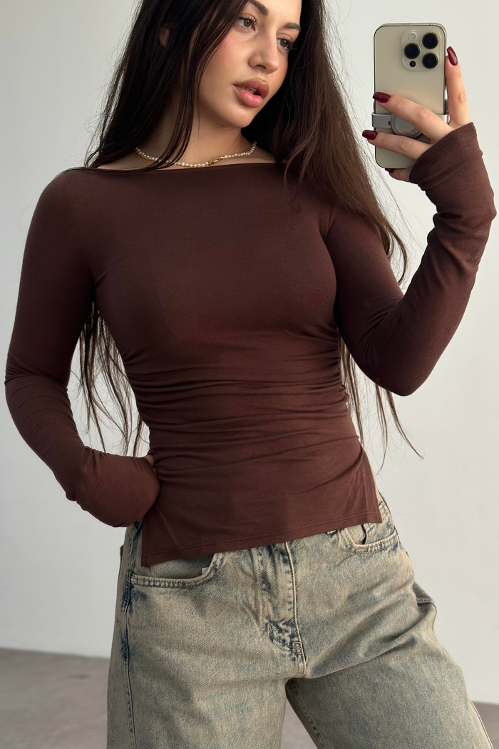 Kaşmir Pamuk Yırtmaçlı Drapeli Basic Kahverengi 