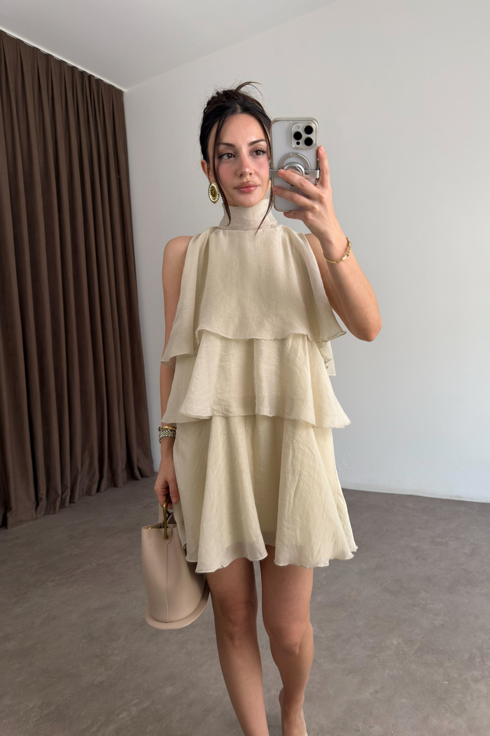 Katlı Bağlama Detaylı Mini Elbise Taş 