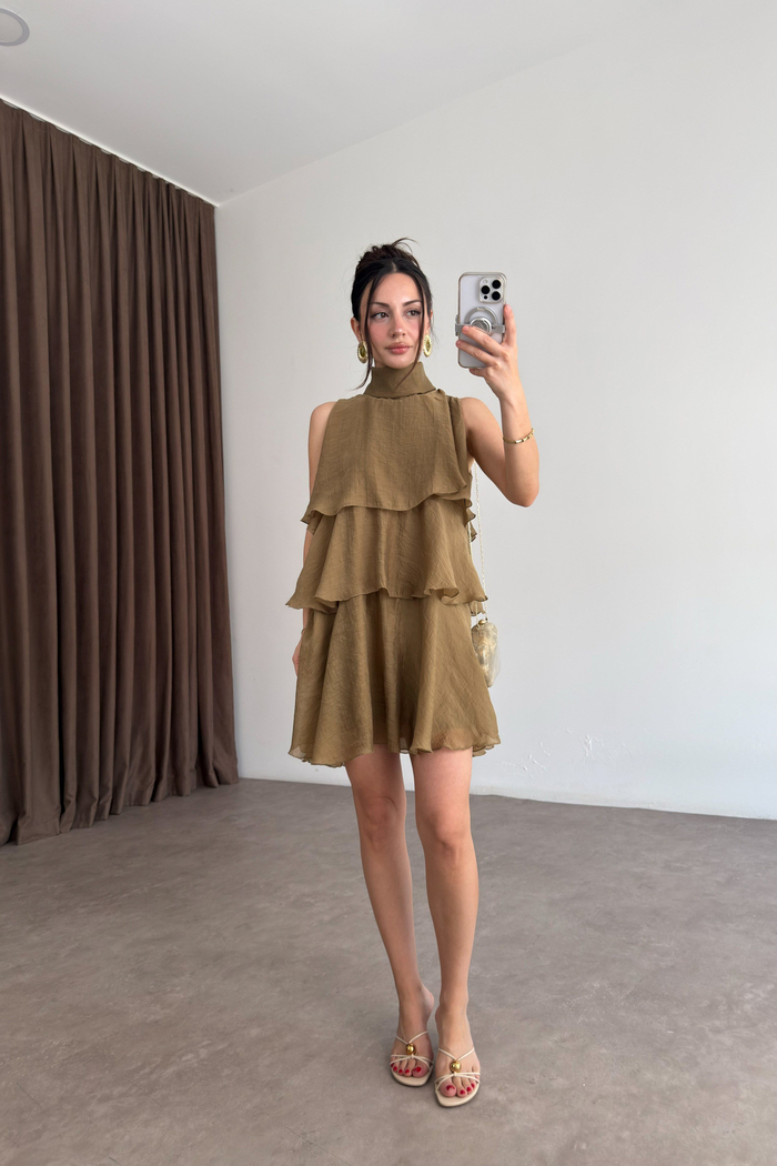 Katlı Baplama Detaylı Mini Elbise Olive