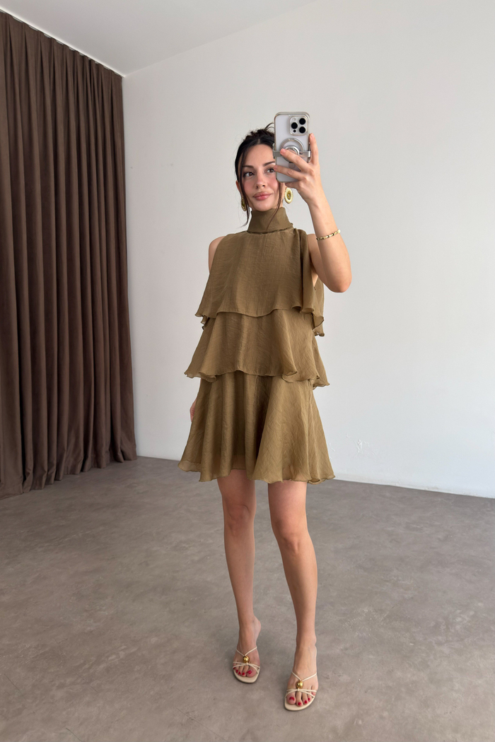 Katlı Baplama Detaylı Mini Elbise Olive