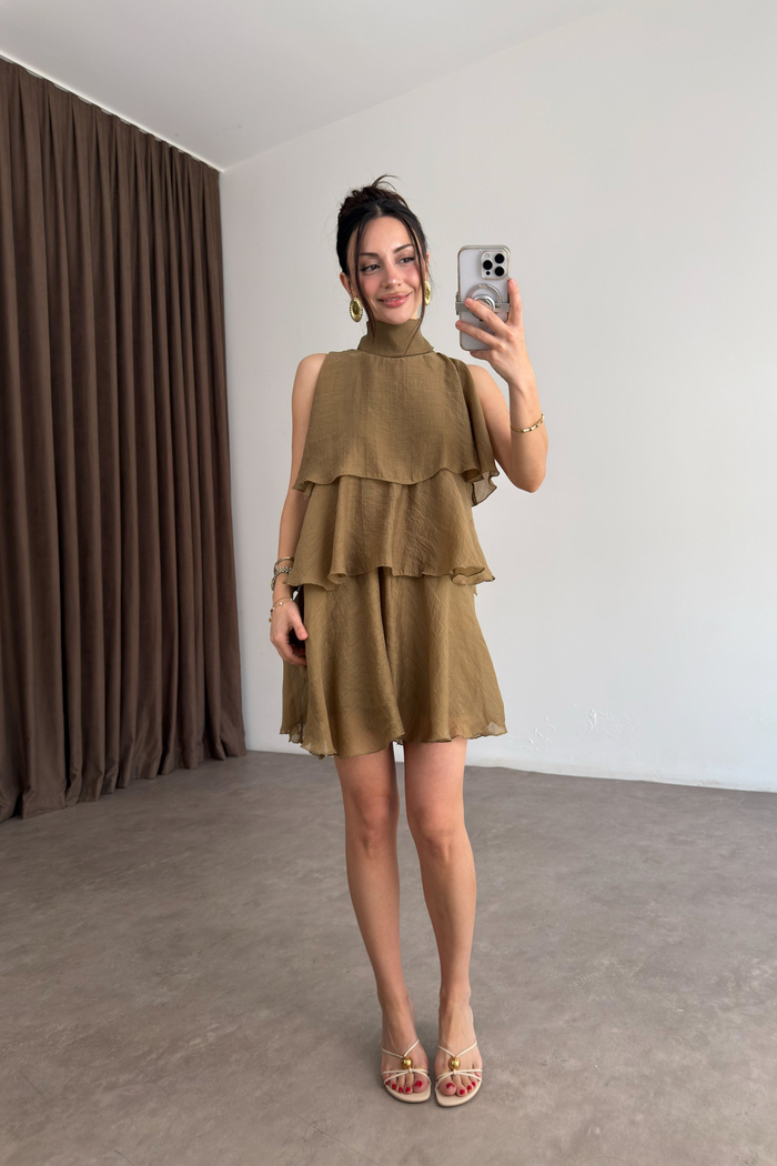 Katlı Baplama Detaylı Mini Elbise Olive