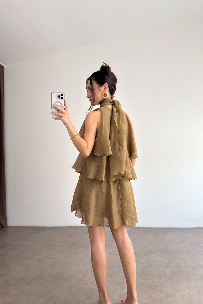 Katlı Baplama Detaylı Mini Elbise Olive