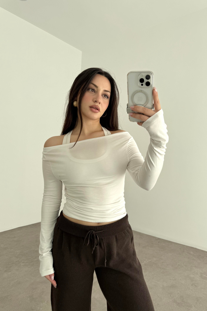 Kayık Yakalı Drapeli Opak Basic Beyaz Body