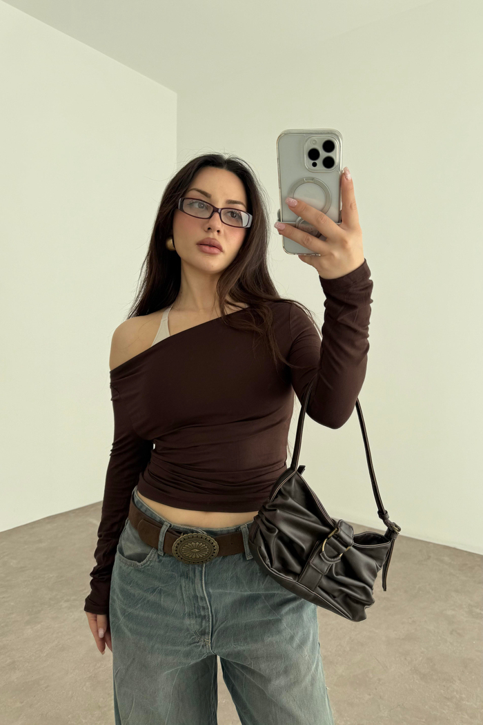 Kayık Yakalı Drapeli Opak Basic Kahve Body