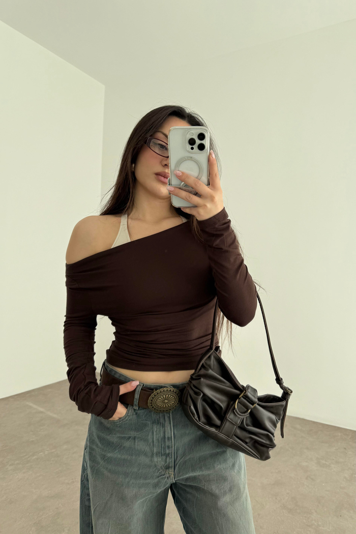 Kayık Yakalı Drapeli Opak Basic Kahve Body