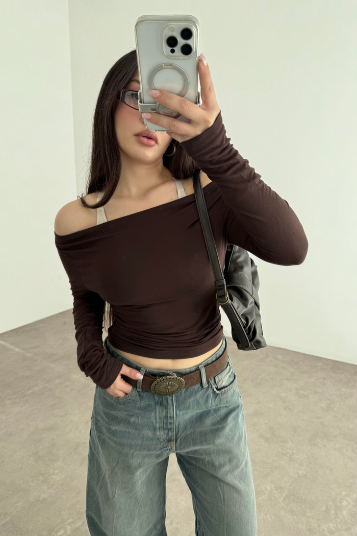 Kayık Yakalı Drapeli Opak Basic Kahve Body