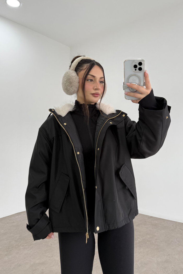 Kürk Kapüşonlu Parka Siyah