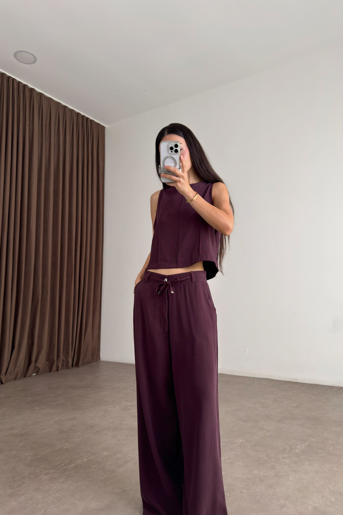 Maren Mürdüm Kolsuz Bluz Pantolon Takım Mürdüm