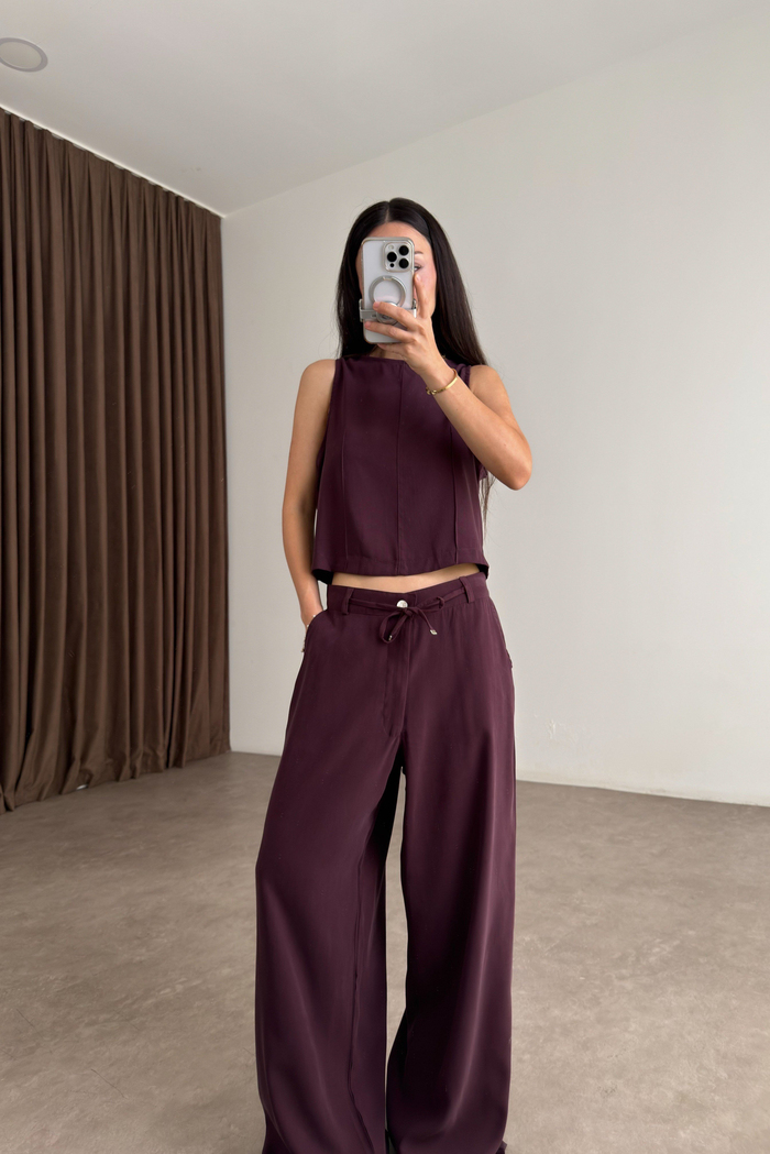 Maren Mürdüm Kolsuz Bluz Pantolon Takım Mürdüm