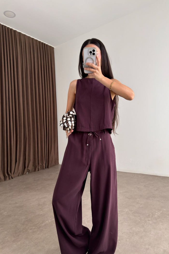 Maren Mürdüm Kolsuz Bluz Pantolon Takım Mürdüm