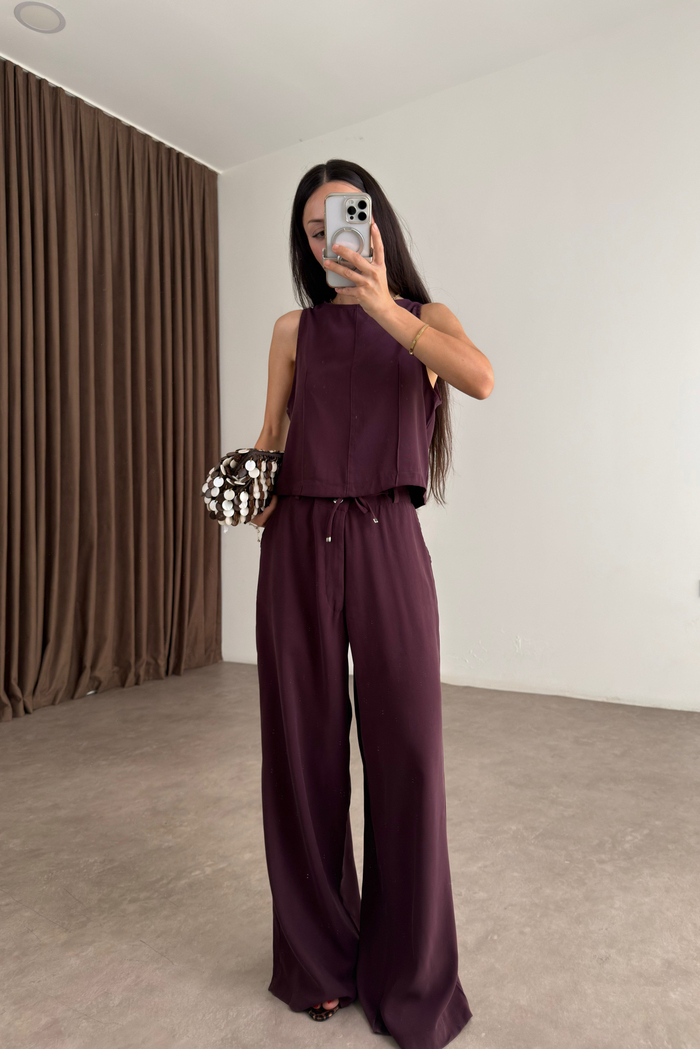 Maren Mürdüm Kolsuz Bluz Pantolon Takım Mürdüm