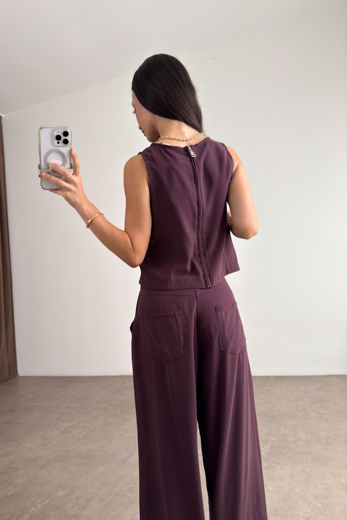 Maren Mürdüm Kolsuz Bluz Pantolon Takım Mürdüm